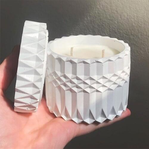 Concrete Candle Vessel Mold Origami Art Cement Candle Cup with Lid Silicone Mold with Lid Round Candle Jar Concrete Mold