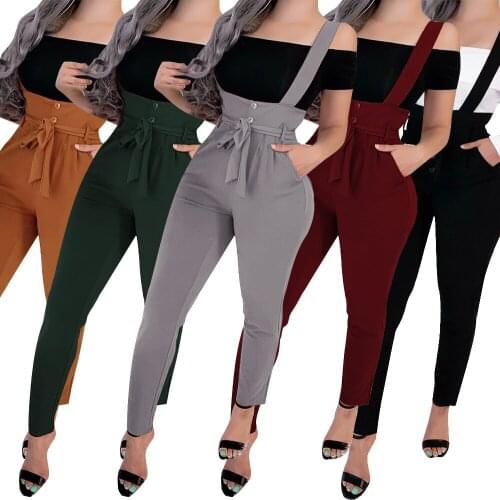 Women Casual Bib Jumpsuits Fashion Slim Long Jumpsuit Bandage Pockets Playsuits and Rompers