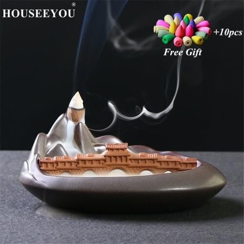 10Pcs Incense Cones + Mountain Covered Bridge Backflow Incense Burner Cones Incense Holder Stand Aroma Furnace Meditation Censer