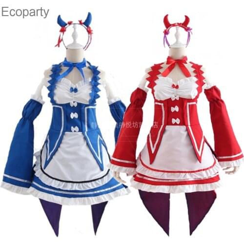Ram/Rem Cosplay Re:zero Kara Hajimeru Isekai Seikatsu black blue red Costume Maid Servant Dress