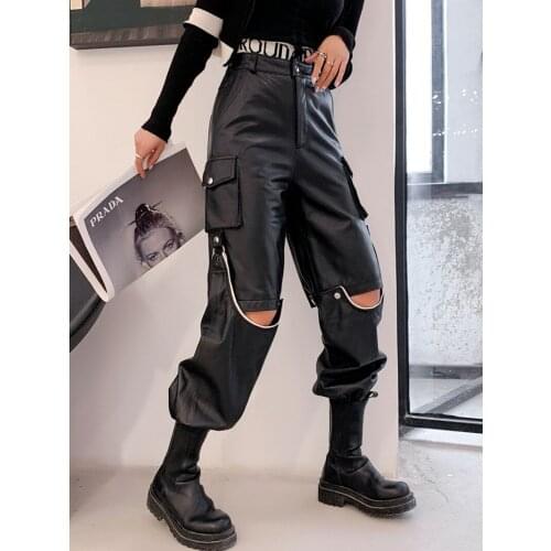 Leather pants women 2021 new tooling leather sheep skin high waist harem trousers detachable tooling leather pants women
