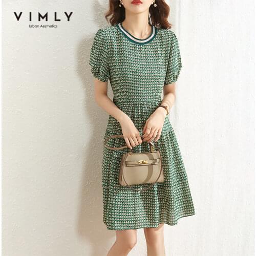VIMLY Summer Dresses For Women Elegant Patchwork Oneck Mini Dress High Waist Lantern Sleeve Lady Green Dress Womens Dress F7933