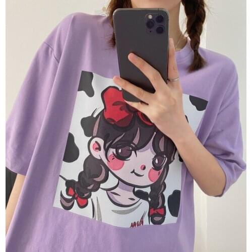 Kawaii Cartoon Sweet Girl Japanese Casual Top Summer Chic INS Streetwear Harajuku Mujer Y2K E-Girl Purple Vintage Women T-shirt