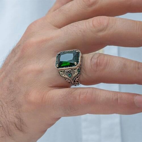 Square Green Cubic Zirconia 925 Sterling Silver Men Ring