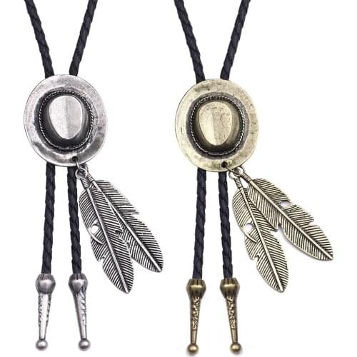 Retro Denim Jazz Hat Couple Bolo Tie for Men Necklace Feather Pendant Leather Rope Neck Ties Shirt Collar Bowtie Cowboy Jewelry