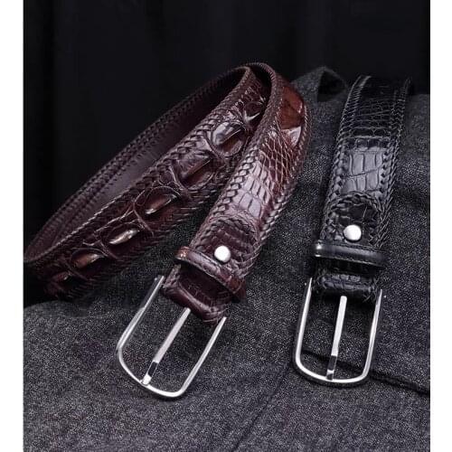 Authentic Crocodile Skin Men Waist Strap Stainless Steel Needle Pin Buckle Genuine Real True Alligator Leather Male Woven Belts