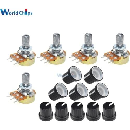5 Set WH148 B1K B20K B50K B100K B500K 3Pin 15mm Linear Taper Rotary Potentiometer Shaft With Nuts Washers with Cap for Arduino