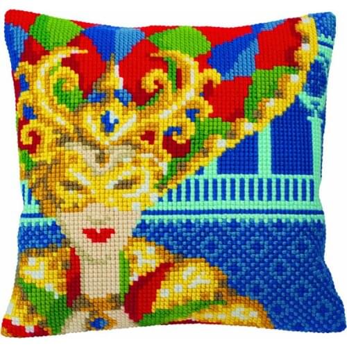 DIY Cross Stitch Cushion Cover Carnival Girl Needlepoint Kits Printed Canvas Chunky Yarn Cross-stitch Pillow Case Arts & Crafts