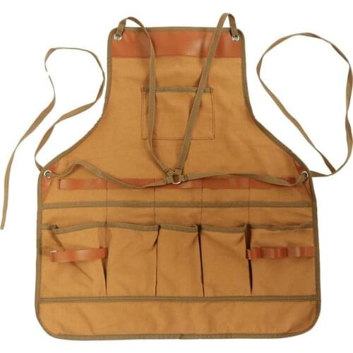 Work Apron Adjustable Cooking Kitchen Bib Multi Pockets Multipurpose Canvas Aprons Gardening Cross Back Strap Tool