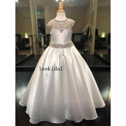 Luxury Crystal A line Flower Girls Dresses For Wedding Birthday Party Sequin Beaded Satin Crystal Short Sleeves First Communion