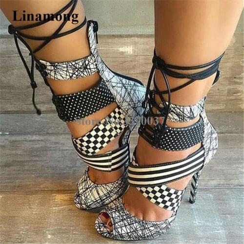 Women Fashion Style Peep Toe Suede Leather Stiletto Heel Gladiator Sandals Lace-up White-black Ink Printed High Heel Sandals