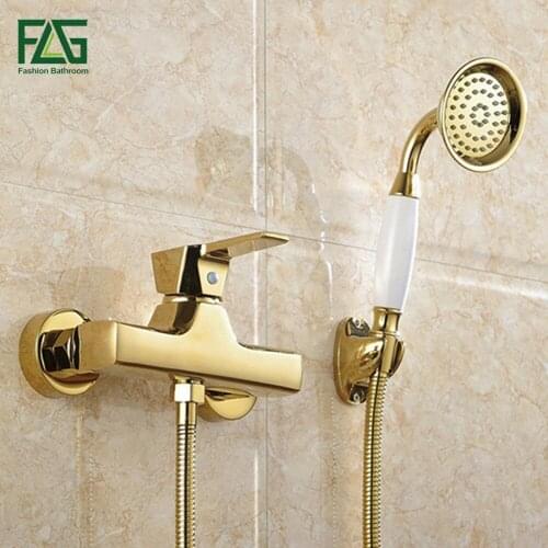 FLG Concise Wall Mounted Bathroom Faucet Bath Tub Mixer Tap With Ceramic Handle Hand Shower Head Gold Plated Shower Faucet HS037