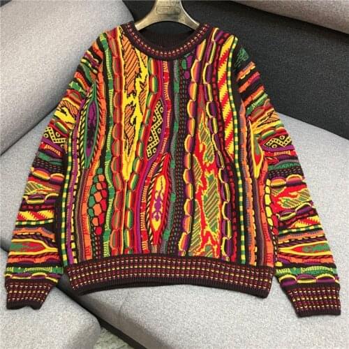 Spring womens o-neck long sleeve colorful geometric 3D pattern embroidery gradient colot knitted sweater top pullover jumpers
