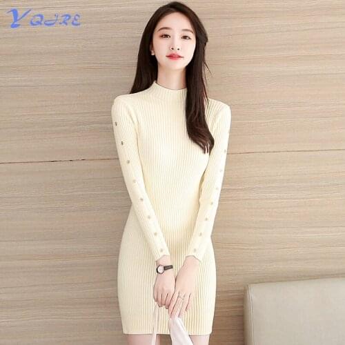 YQJRE New Autumn And Winter Womens Elasticity Tight Sexy Knit Long Sleeve Short Skirt Pencil Half High Neck Mini Club Dress