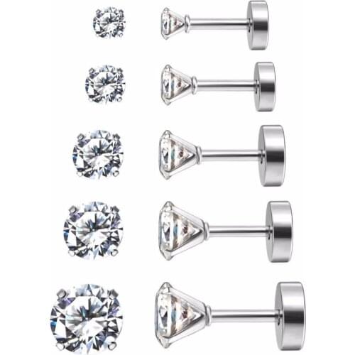 Unisex 5 pairs stainless steel clear zircon 3mm-7mm women stud earring screw-back earrings jewelry Dropship