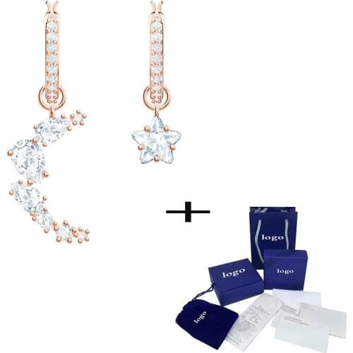 New Rose Gold Moon And Star Pattern Crystal Pierced Earrings Ladies Engagement Romantic Jewelry Gift