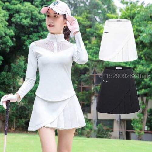 Women Golf Suit Long-Sleeved Tops Slim Breathable Golf Clothing Ladies Pleated Tennis Mini Skirt Sexy Lace T-Shirt Sportswear
