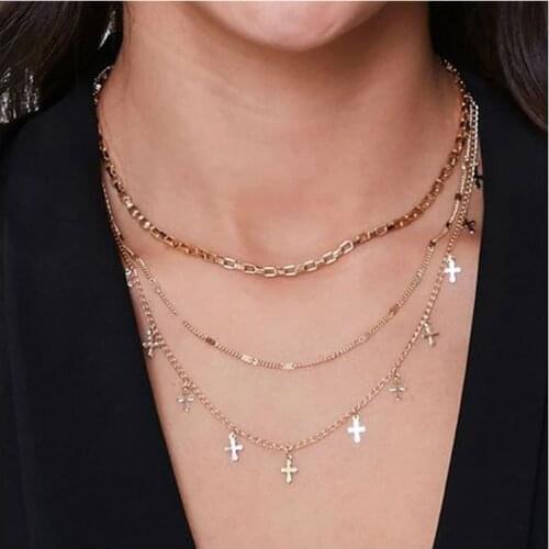 Cross Pendant Choker Necklace for Women Gold Multi Layer Statement Collar Fashion Necklace Party Jewelry Dropshipping