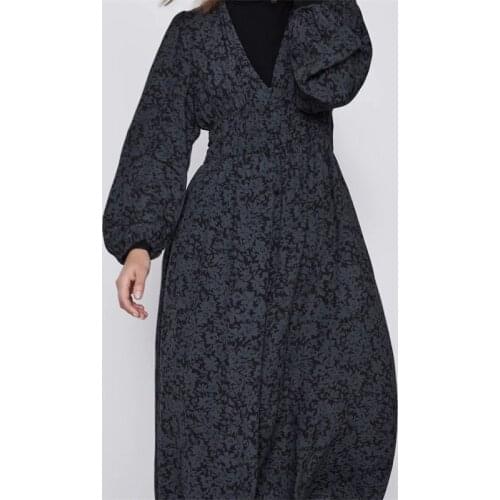 ZXQ Women 2021 Chic Fashion Print Midi Dress Vintage Elastic Waist V-neck Long Sleeve Female Dresses Vestidos Mujer