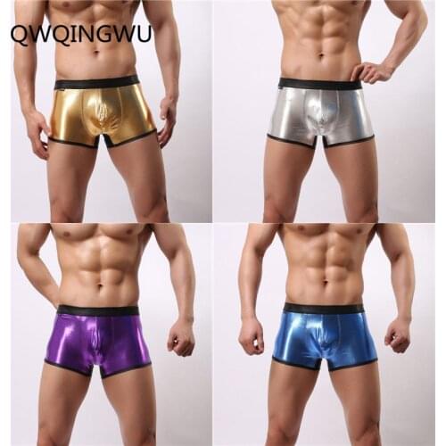 4PCS/Lot Sexy Men Boxers Leather Wrestling Hot Jockstrap Boxers Gold Faux Leather Erotic Gay Jumpsuit Lingerie Underwear Boxer