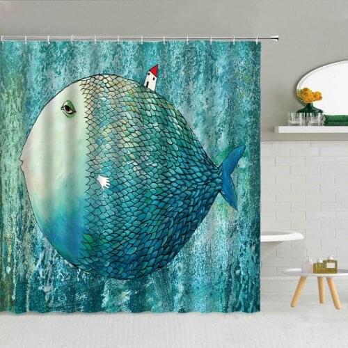 Big Fish Dream Abstract Shower Curtain Blue Sea Animal Waterproof Fabric Hook Curtain Bathroom Decoration