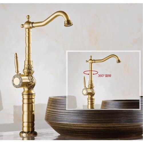 Antique Brass Basin Faucet Carved Brass Crane Bathroom Sink Faucet 360 Degree Swivel Dual Handle Kitchen Wash basin Mixer Taps