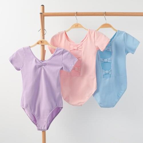 Girl Ballet Leotard Short Sleeve Bow Mesh Patchwork Bodysuit Kid Girls Ballet Dance Skirted Gymnastics Dancewear