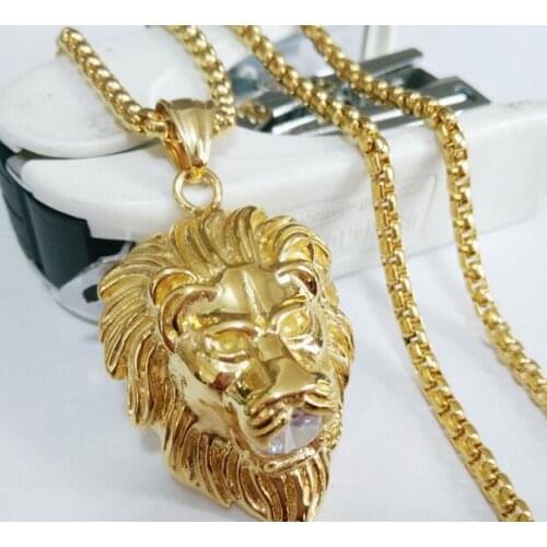 20''-32'' Box Chain women Men Gold Charm Lion King Pendant Necklace Stainless Steel with Crystals Hip Hop Jewelry