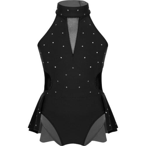 Kids Girls Ballet Dance Leotard Dresses Sparkly Rhinestone Cutout Back Mesh Splice leotard for Modern Contemporary Performance