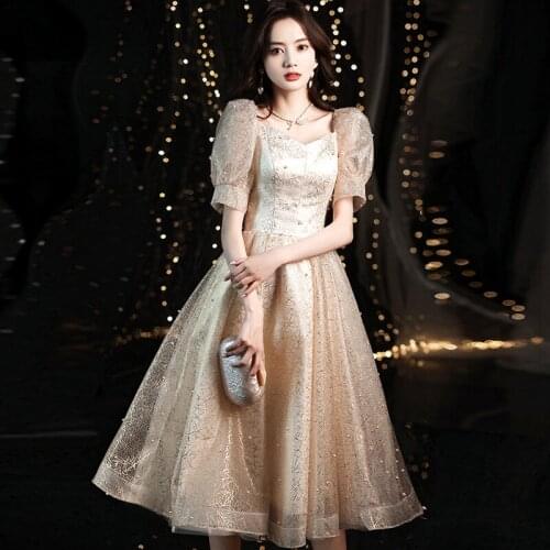Elegant Sequins Beading Puff Sleeve A-Line Evening Dress Cheongsam Back Zipper Prom Fomail Gown Vestidos De Noche