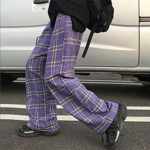 Purple plaid wide leg pants women Korean vintage casual high waist oversize straight leg pants streetwear Harajuku hip-hop pants