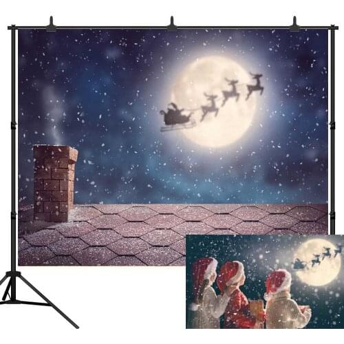 Christmas Theme Backdrop Fairytale Roof Chimney Reindeer Night Sky Moon Photography Backdrops For Photo Studio