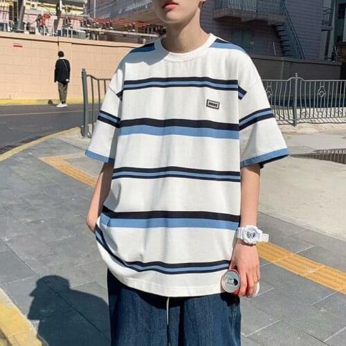 Striped Short-sleeved T-shirt Summer Loose Half-sleeved Labeling Round Neck Tops Loose Casual Bottoming Shirt 3 Colors T-shirts