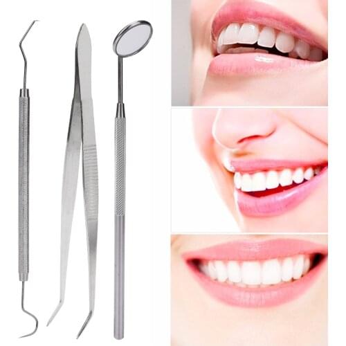 3Pcs Stainless Steel Instruments Dental Tool Mouth Mirror Probe Plier Tweezer Teeth Clean Hygiene Kit For Oral Examination Clean
