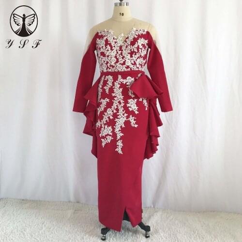 Classic Vestidos De Fiesta Illussion O Neck Appliqued Beaded Lace Ruffled Long Sleeve Mermaid Evening Dresses