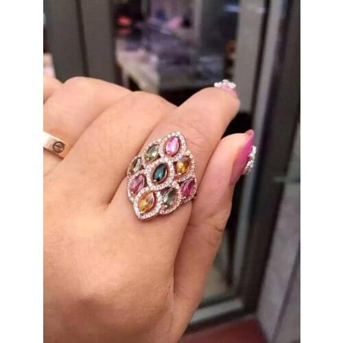 Natural multicolor tourmaline Ring Natural gemstone ring 925 sterling silver trendy Luxury round circle women girl gift Jewelry