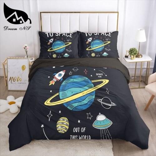 Dream NS Galaxy UFO Astronaut Decoration Bedding Home Textiles Set Queen Bedclothes Duvet Cover Kid Black Bedding Set