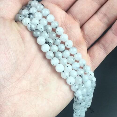 Natural Stone Black Spot White Jades Round Loose Spacer Beads For DIY Jewelry Making Bracelet Accessories 15'' 6 8 10 12mm