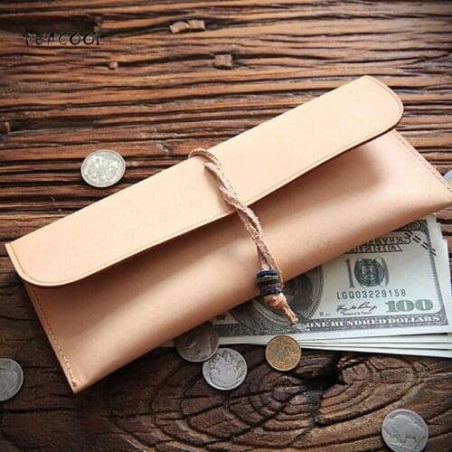 LEACOOL Genuine Leather Long Wallet Clutch Bag Fountain Pencil Bag Handmade Cowhide Pen Cases Cover Sleeve Storage Bag Pouch