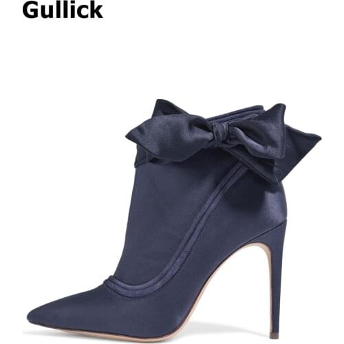 Gullick Hot Selling Women Silk Pointed Toe Women Fall Winter Ankle Boots Big Butterfly Knot Decoration Shoes