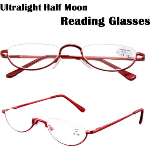 Fashion Small Half Moon Reading Glasses Women Ultralight Clear Half-Frame Metal Presbyopic Glasses Portable Gift gold/red