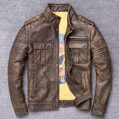 Mens Genuine Leather Jacket Layer Cowhide Vintage Old Motorcycle Clothing Youth Leather Autumn Winter Leather Jacket