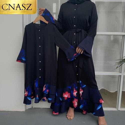 New Stylish Parent Child Matching Buttons Dress Long Sleeve Mommy And Daughter Black Abaya Outfits Family Clothing Muslim Dress