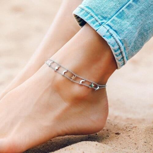Double-chain Design Star & Moon Charms Anklet Sleek Galaxy Celestial Jewelry Summer Beach Foot Accessories Silvertone Boho ISK42