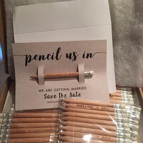 Personalize 20pcs engraved Pencil Us In Save the Dates Wedding Invitations with Backing card & Envelopes birthday party invites