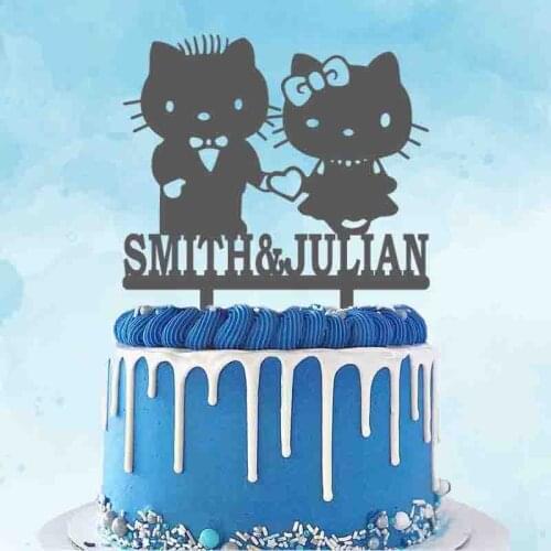 Personalized Wedding Cake Topper Custom Couples Name Cartoon Kitty Mr Mrs Cat For Wedding Anniversary Party Cake Decoration