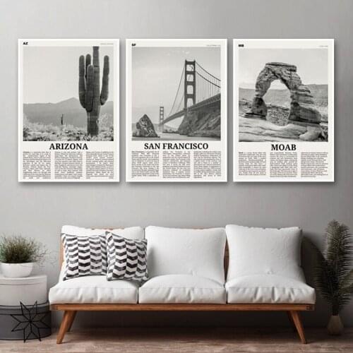 Old Newspaper Arizona Brooklyn Bridge San Francisco Sydney Nordic Posters Prints Canvas Painting Wall Art Pictures Bedroom Decor