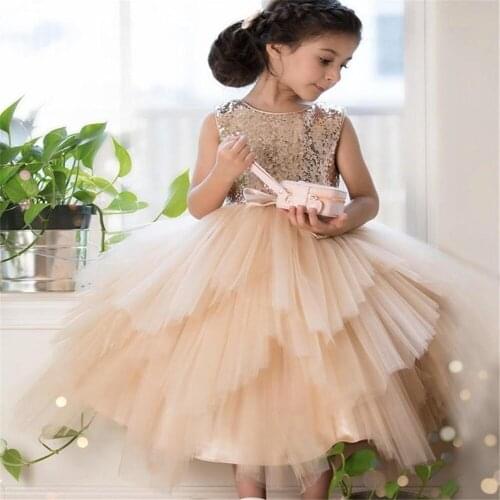 Golden Sequins Sleeveless Flower Girl Dress Little Girl Birthday Prom Applique Fluffy Tulle Ball Gown First Holy Communion Dress