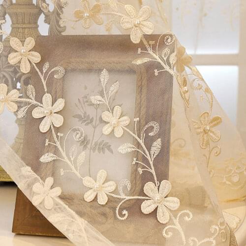 European Style Embroidery Sheer Curtains for Living Room Floral Beaded Pearls Coffee Beige Voile Patio Window Treatment Drapery