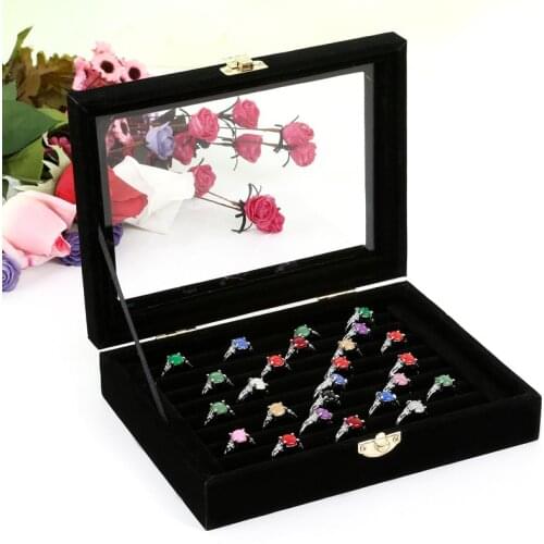Fashion Jewelry Storage Box Ring Earring Case Jewerly Accessories Organizer With Glass Cover Ring Display Jewelry Showcase